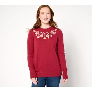 Studio Park Women's Top Sweater Sz M Crew Neck Embroidered Red A655437